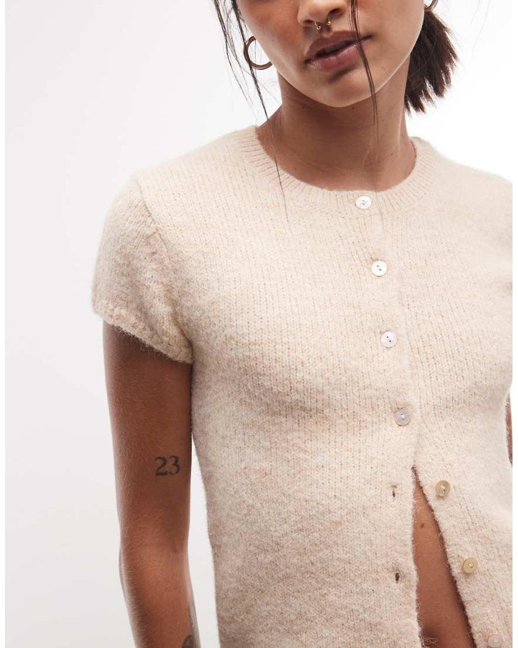 Monki Natural Exclusive Short Sleeve Knit Cardigan Top
