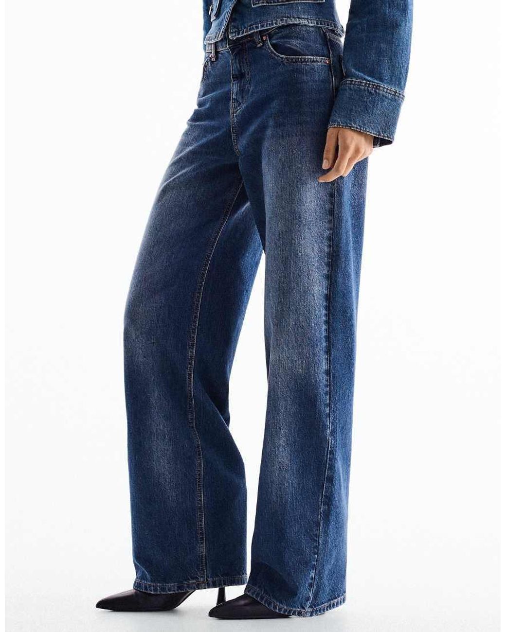 Bershka Blue High-waist Wide-leg Ripped Jeans