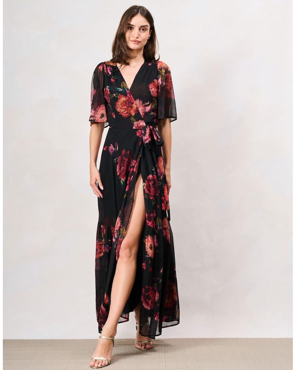 Hope & Ivy Black The Anne-Marie Flutter Sleeve Maxi Wrap Dress With Tie Waist