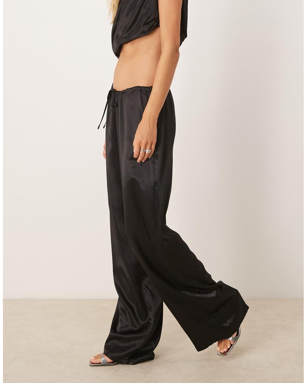 SNDY'S Natural Satin Drawstring Wide Leg Trouser Co-Ord