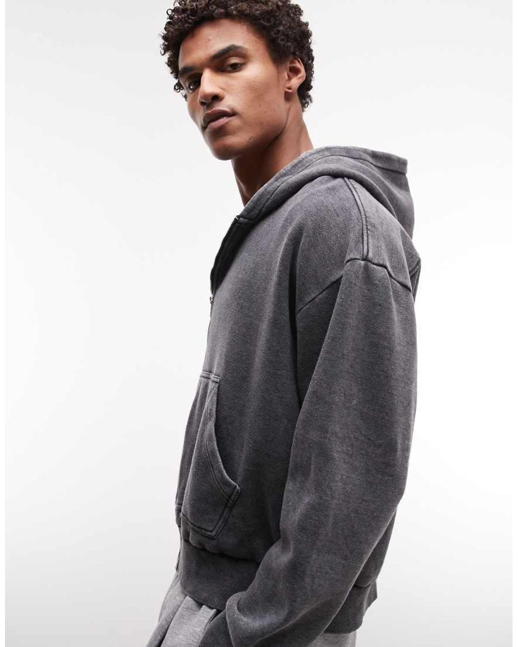 Redefined Rebel Gray Oversized Zip Through Washed Sweatshirt for men