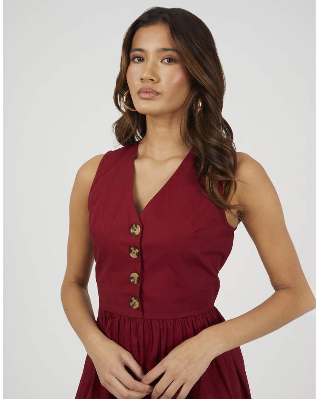 Brave Soul Red Sleeveless V-Neck Button Down Midi Dress