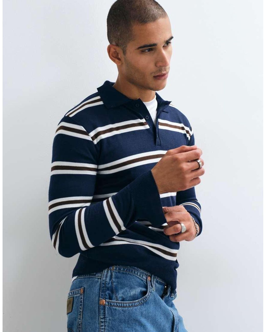 Brave Soul Blue Striped Knitted Polo Sweater for men