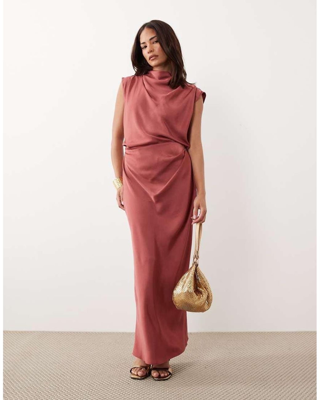 ASOS Red Asos Design Petite Satin High Neck Pleated Bodice Midi Dress