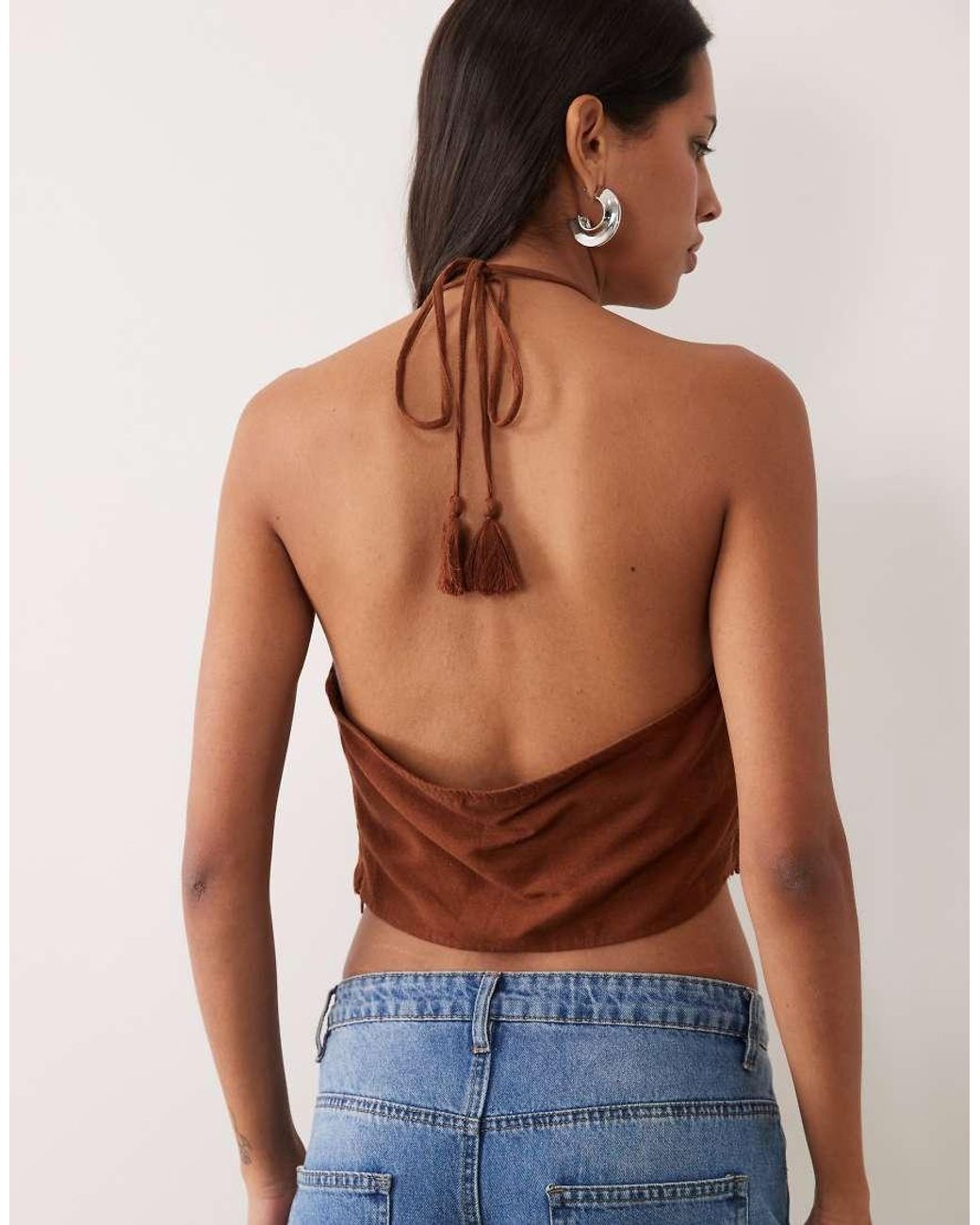 Mango Brown Teen Halterneck Embroidered Top With Tassle Detail