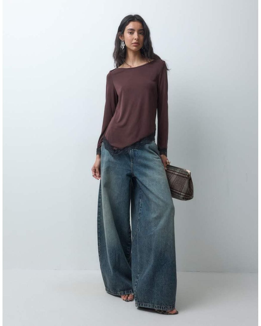 ONLY Brown Crew Neck Asymmetric Long Sleeve Top With Lace Hem