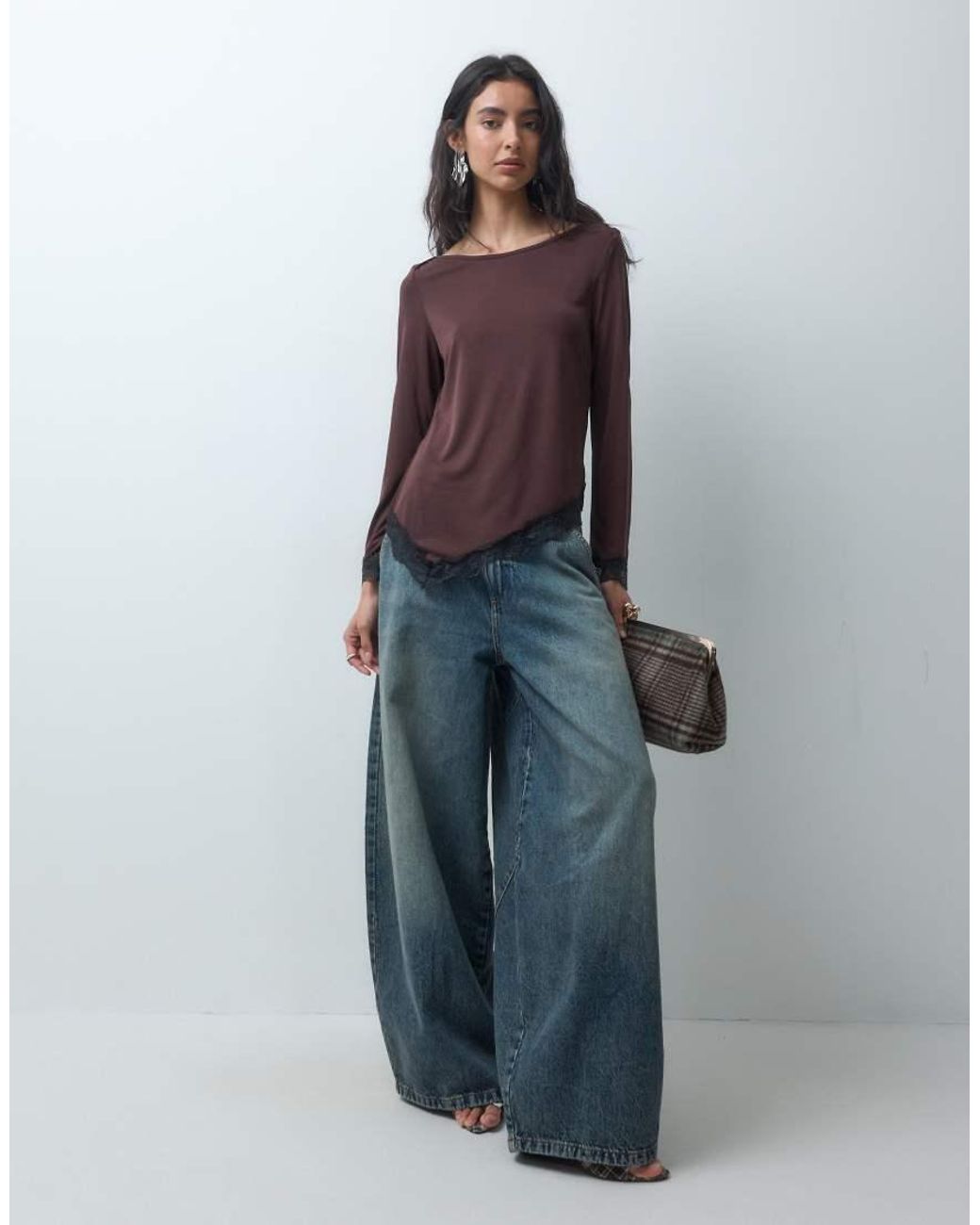 ONLY Brown Slash Neck Asymmetric Top With Lace Detail