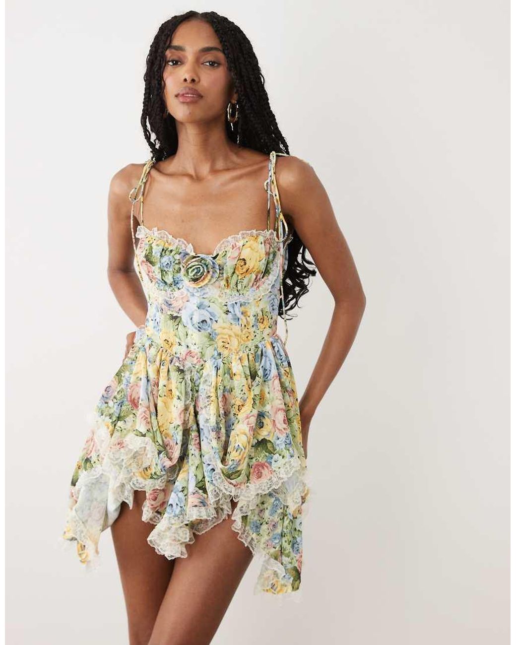For Love & Lemons White Elea Rosette Detail Sweetheart Neck Mini Dress