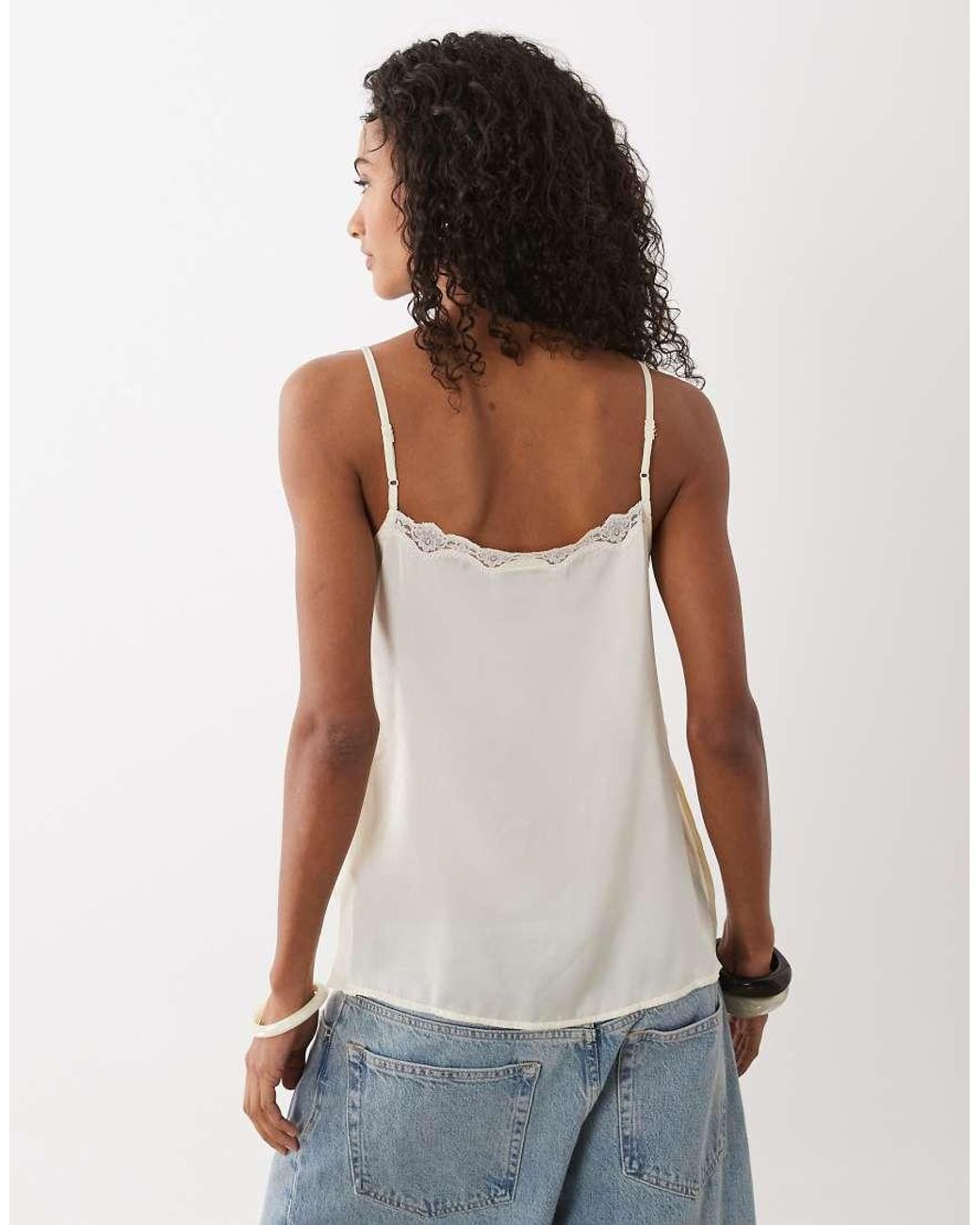 ASOS Natural Asymmetric High Neck Lace Trim Cami With Side Slits