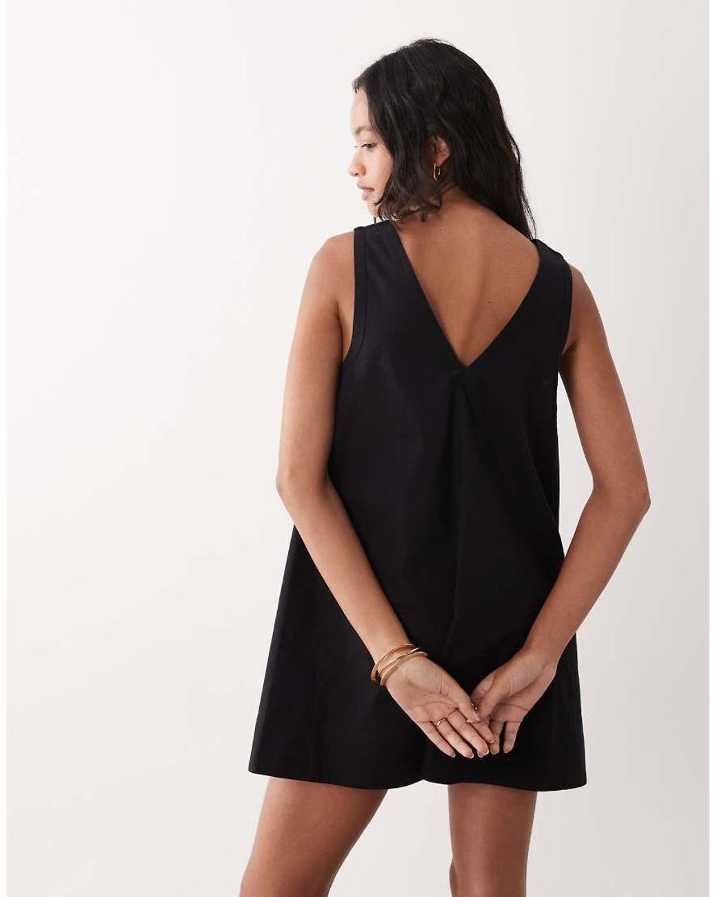 ASOS Black Cotton Linen V Neck Smock Mini Dress