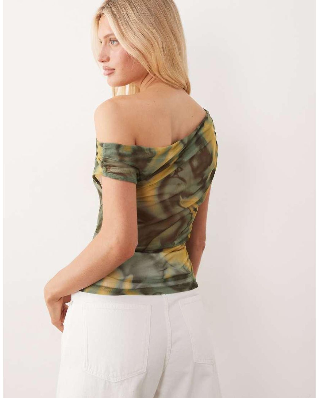 ASOS Natural Sheer Mesh Ruched Off Shoulder Asymmetric Top