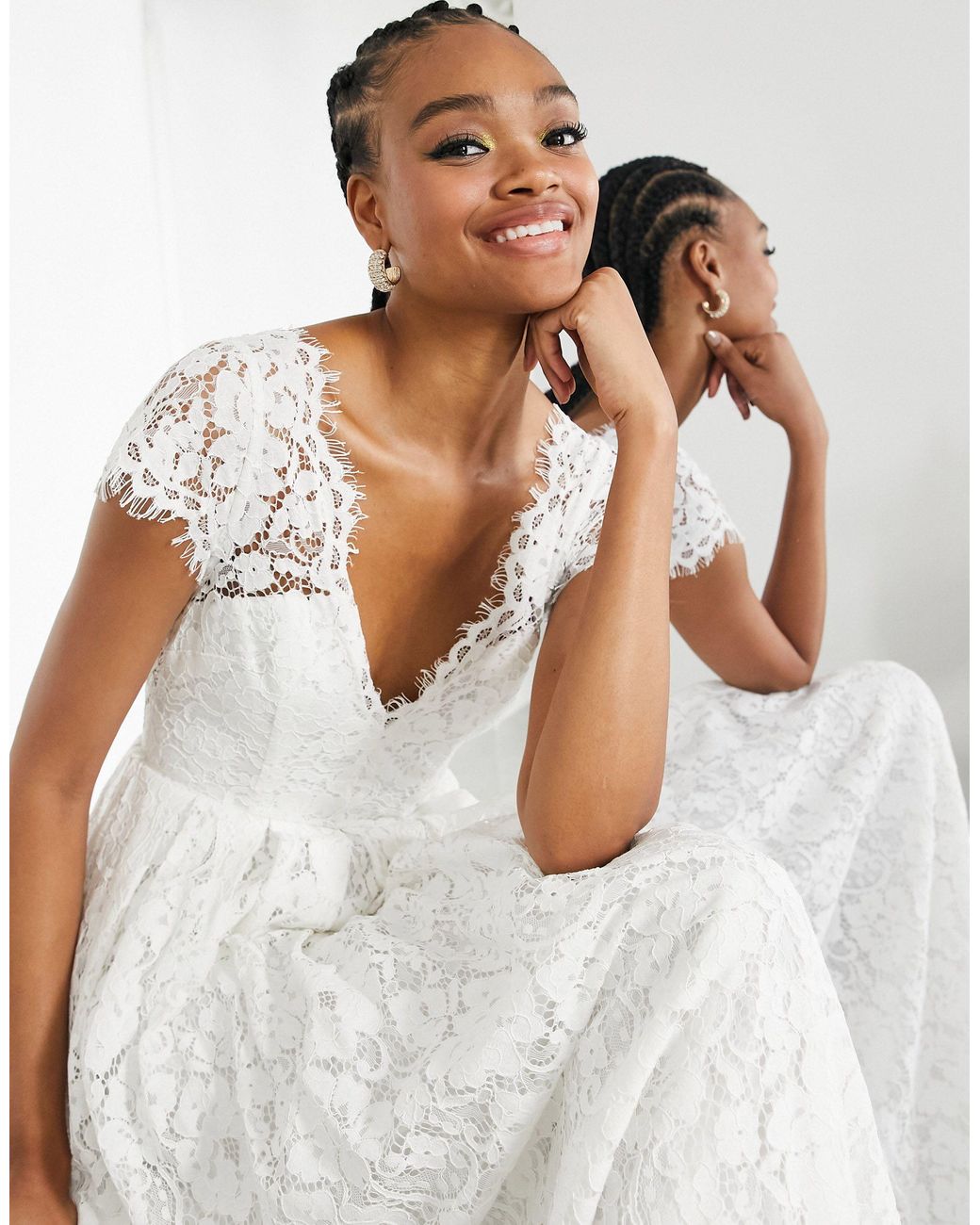 ASOS Alexandra Cap Sleeve V Neck Lace Wedding Dress in White | Lyst