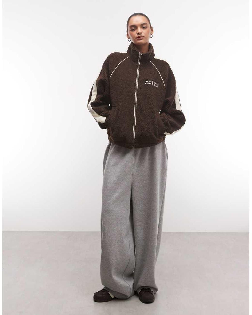 ASOS Brown Weekend Collective Zip Through Fleece With Side Stripe Detail
