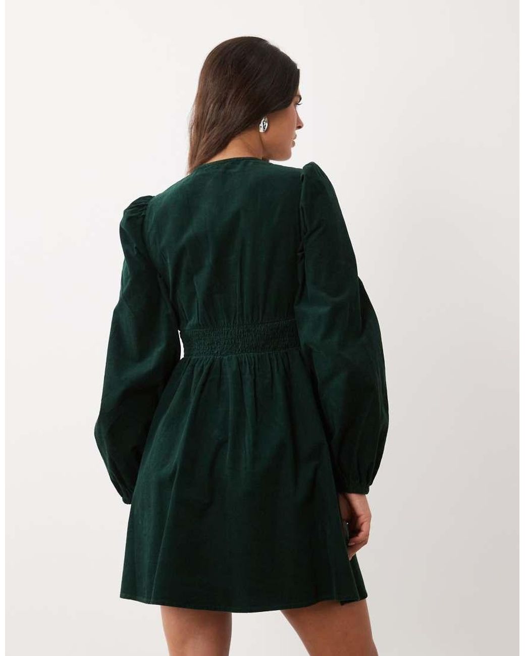 Nobody's Child Green Riley V-neck Balloon Sleeve Shirred Waist Mini Dress