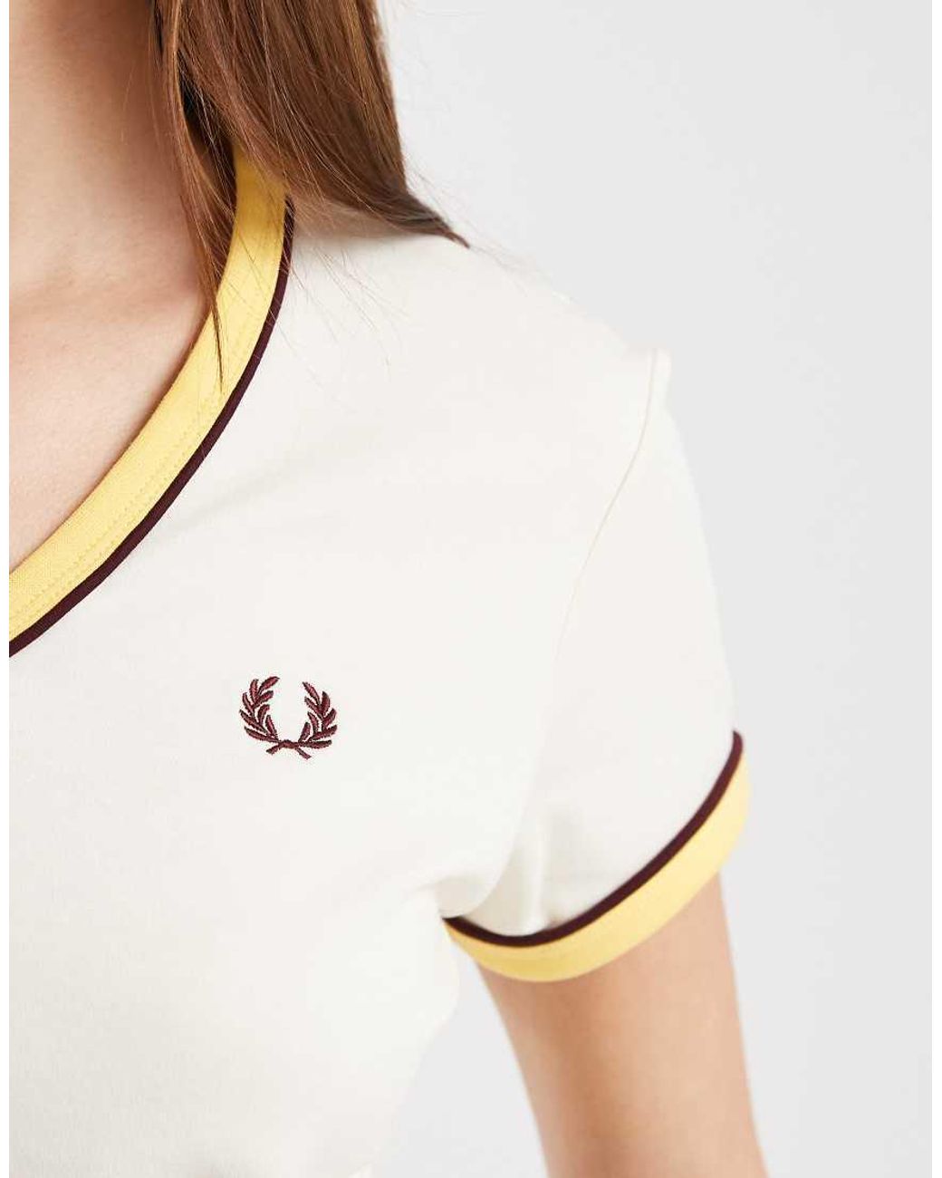Fred Perry White Piped Seams Logo V Neck T-Shirt