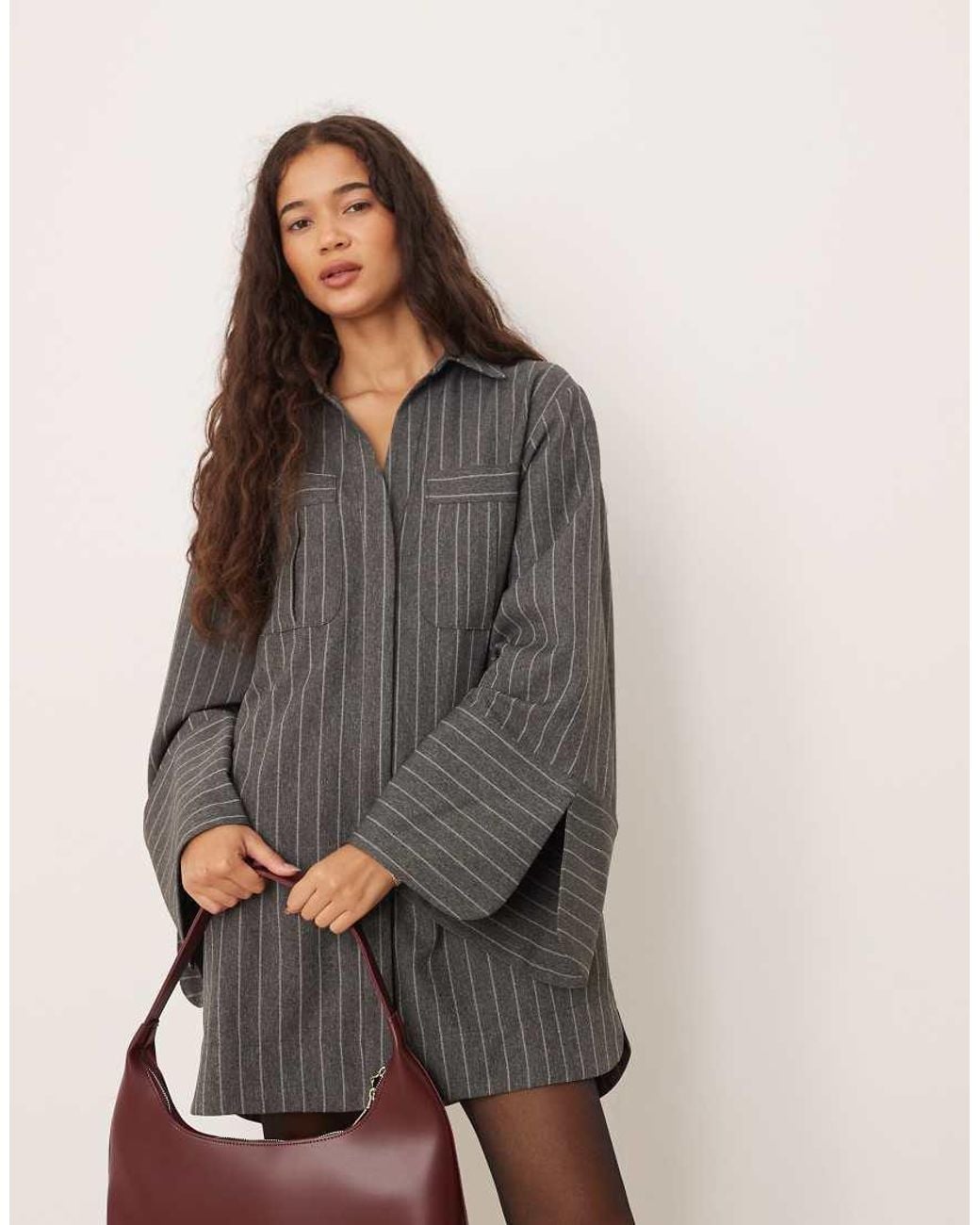 ASOS Gray Mini Shirt Dress With Wide Cuffs And Oversized Pockets