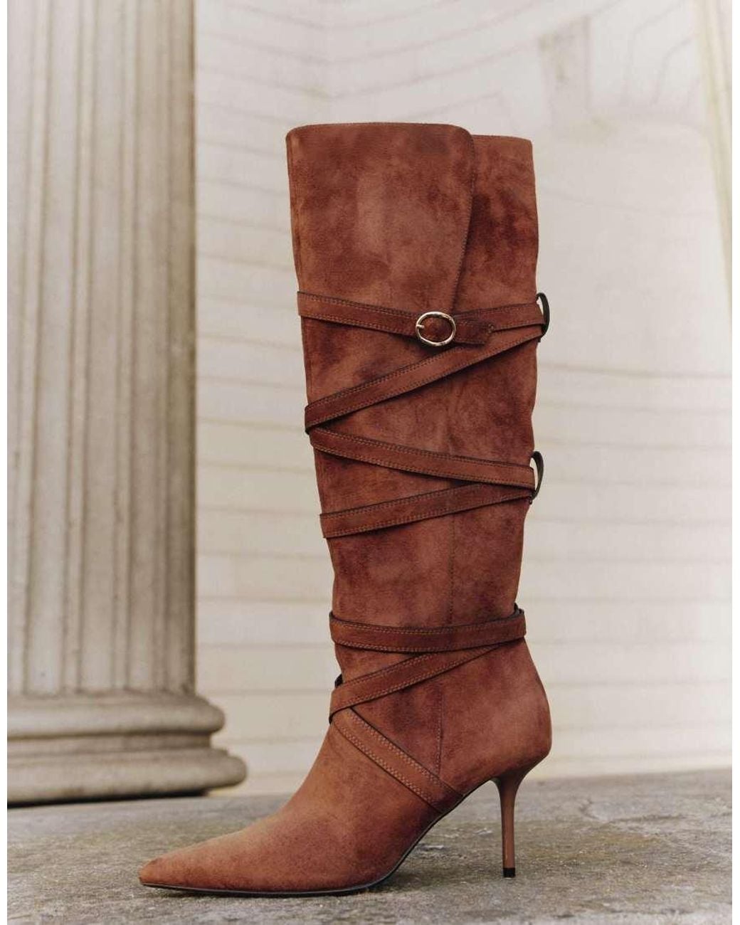 River Island Brown Faux Suede Cross Belt Knee High Boots