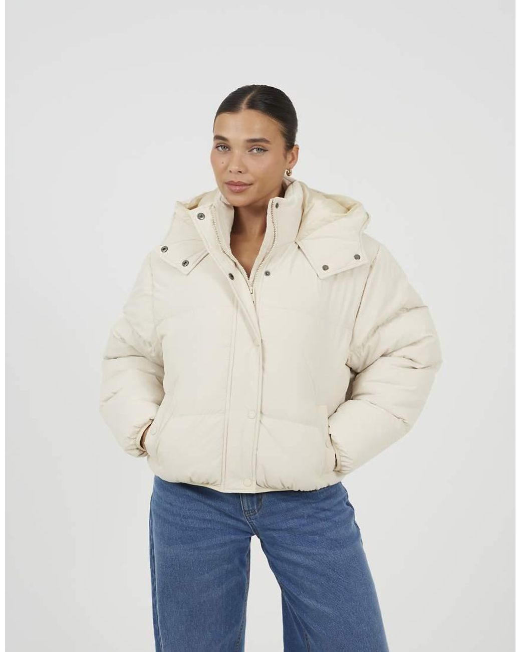 Brave Soul Natural Oversized Hooded Short Puffer Jacket