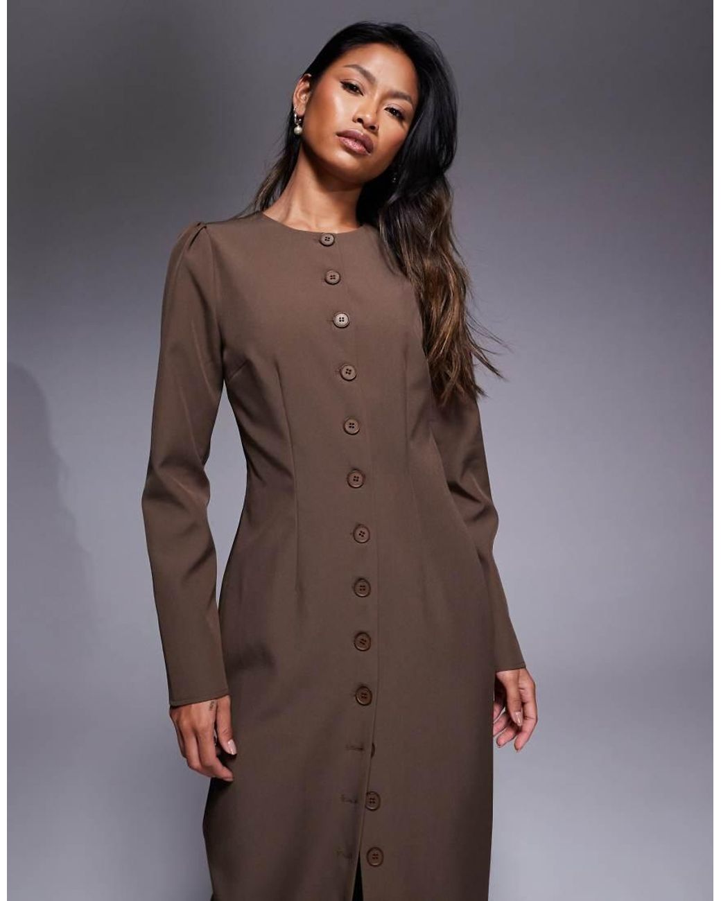 Kaiia Gray Exclusive Tailored Long Sleeve Button Through Maxi Dress