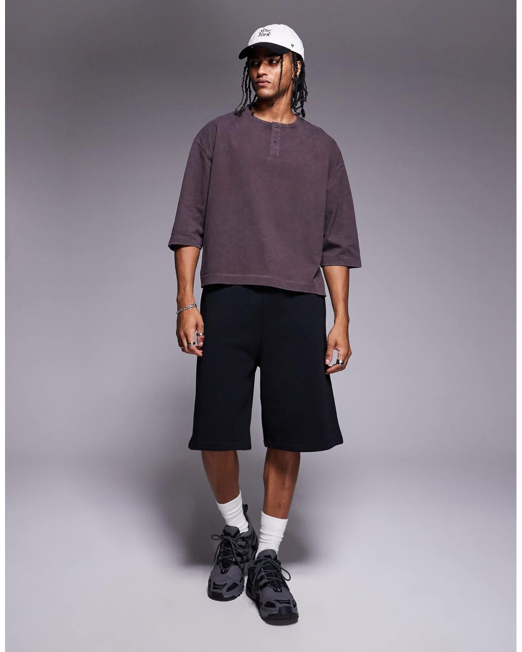 ASOS – henley-t-shirt aus schwerem stoff in Purple für Herren