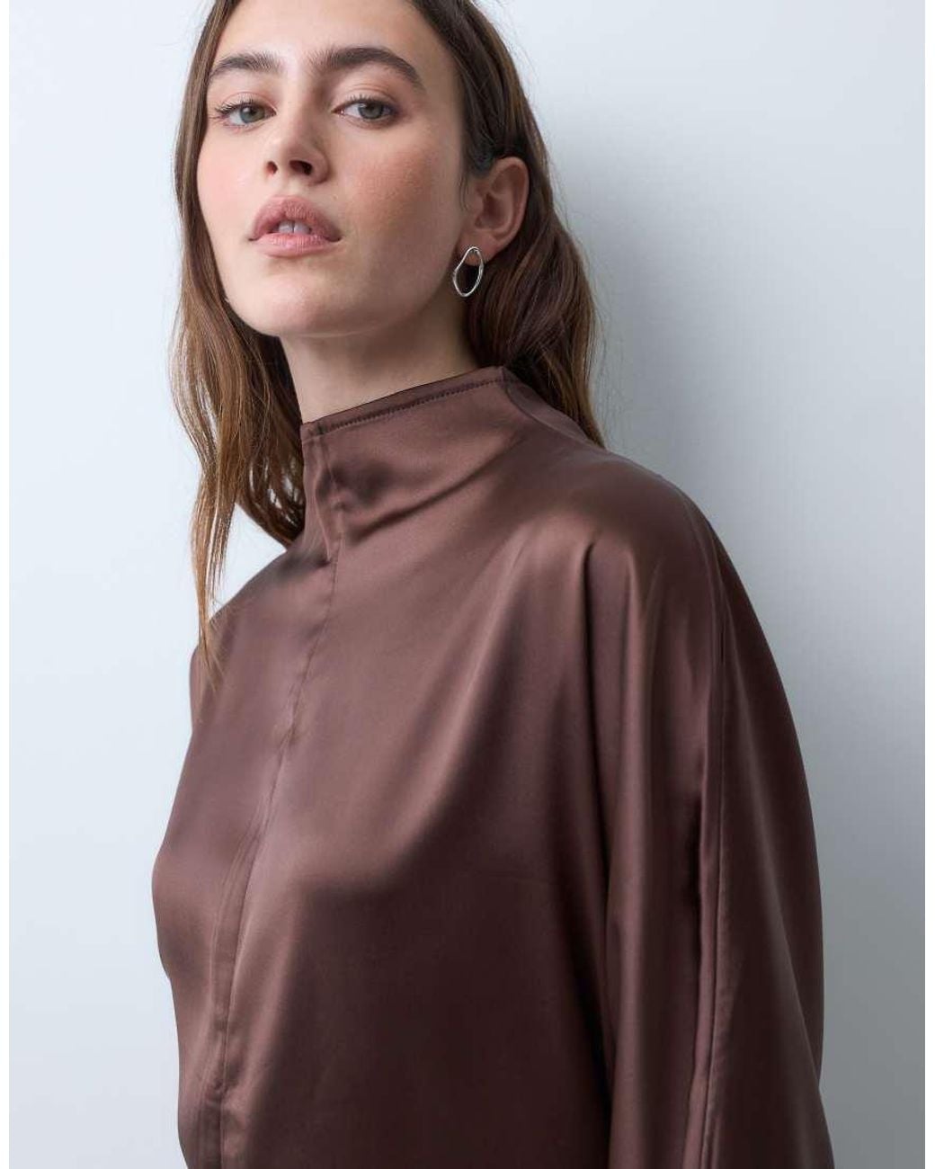 ASOS Brown High Neck Satin Smock Maxi Dress