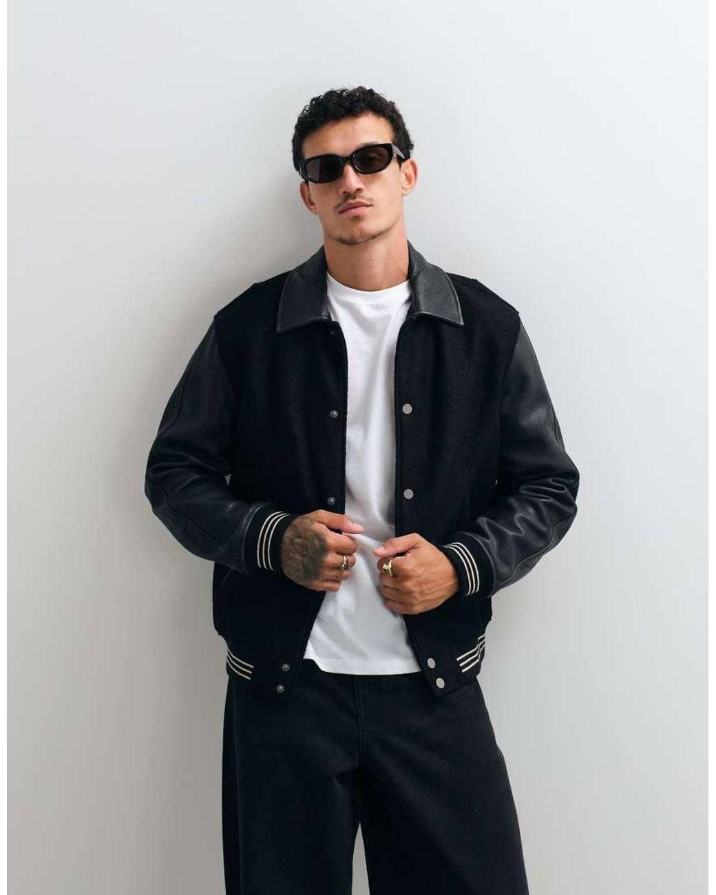 AllSaints Blue Vanson Wool Leather Varsity Bomber Jacket for men
