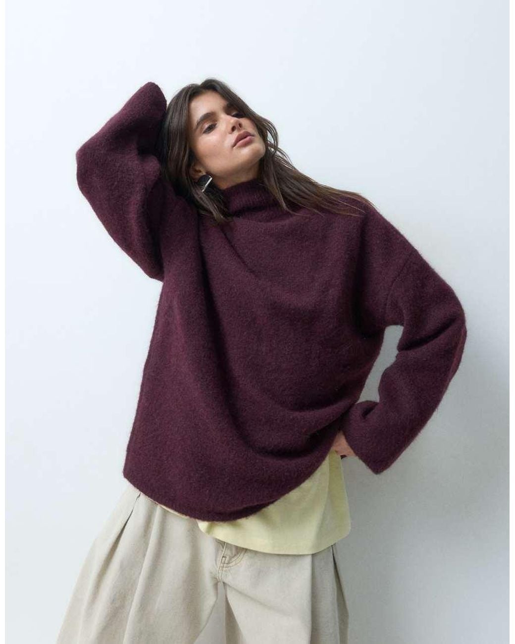 ASOS Purple Relaxed Fluffy Funnel Neck Jumper With Wool