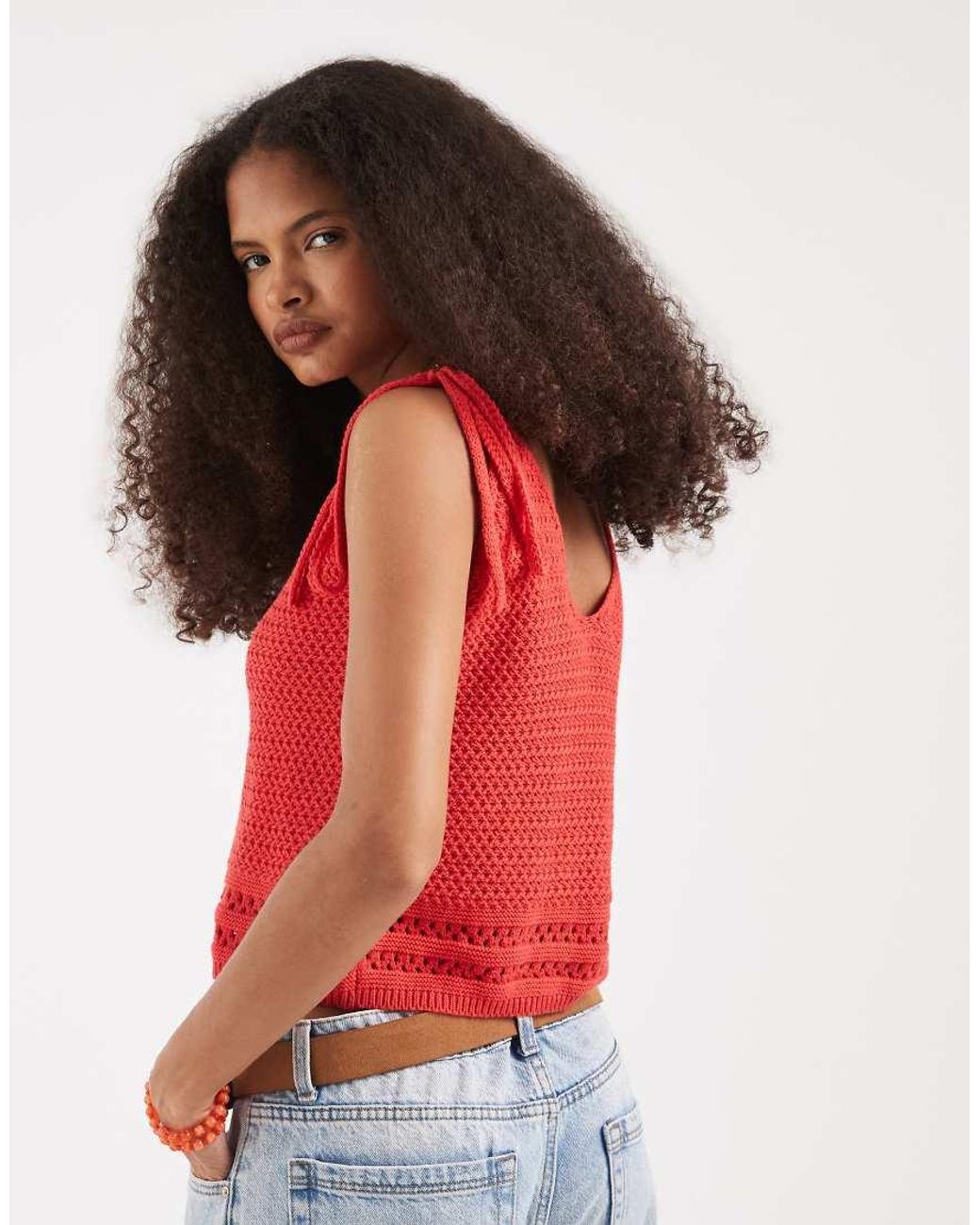 Vero Moda Red Crochet Button Front Cami Top With Tie Strap Detail