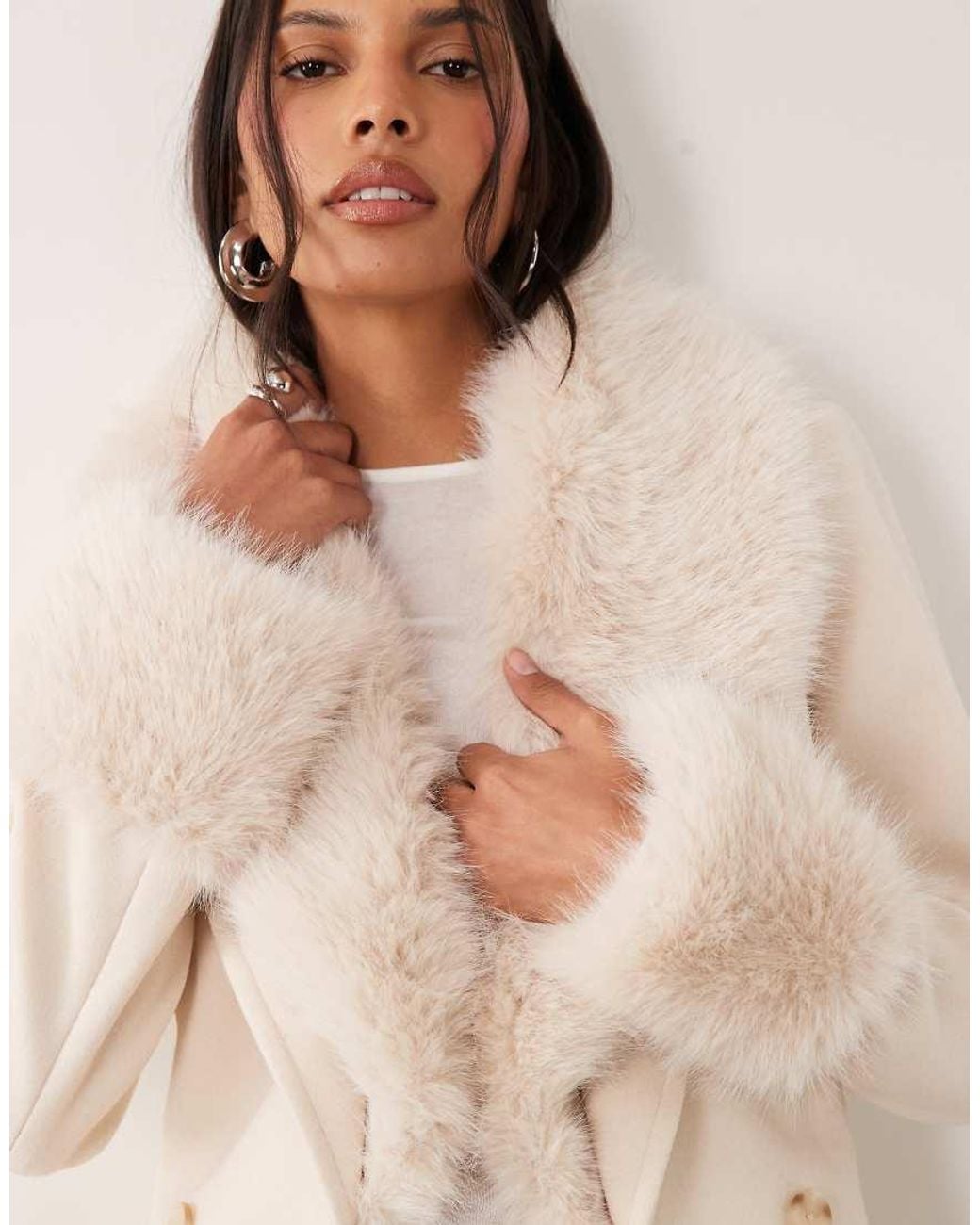 Forever New Natural Faux Fur Collar Cuff Tie Belt Short Coat