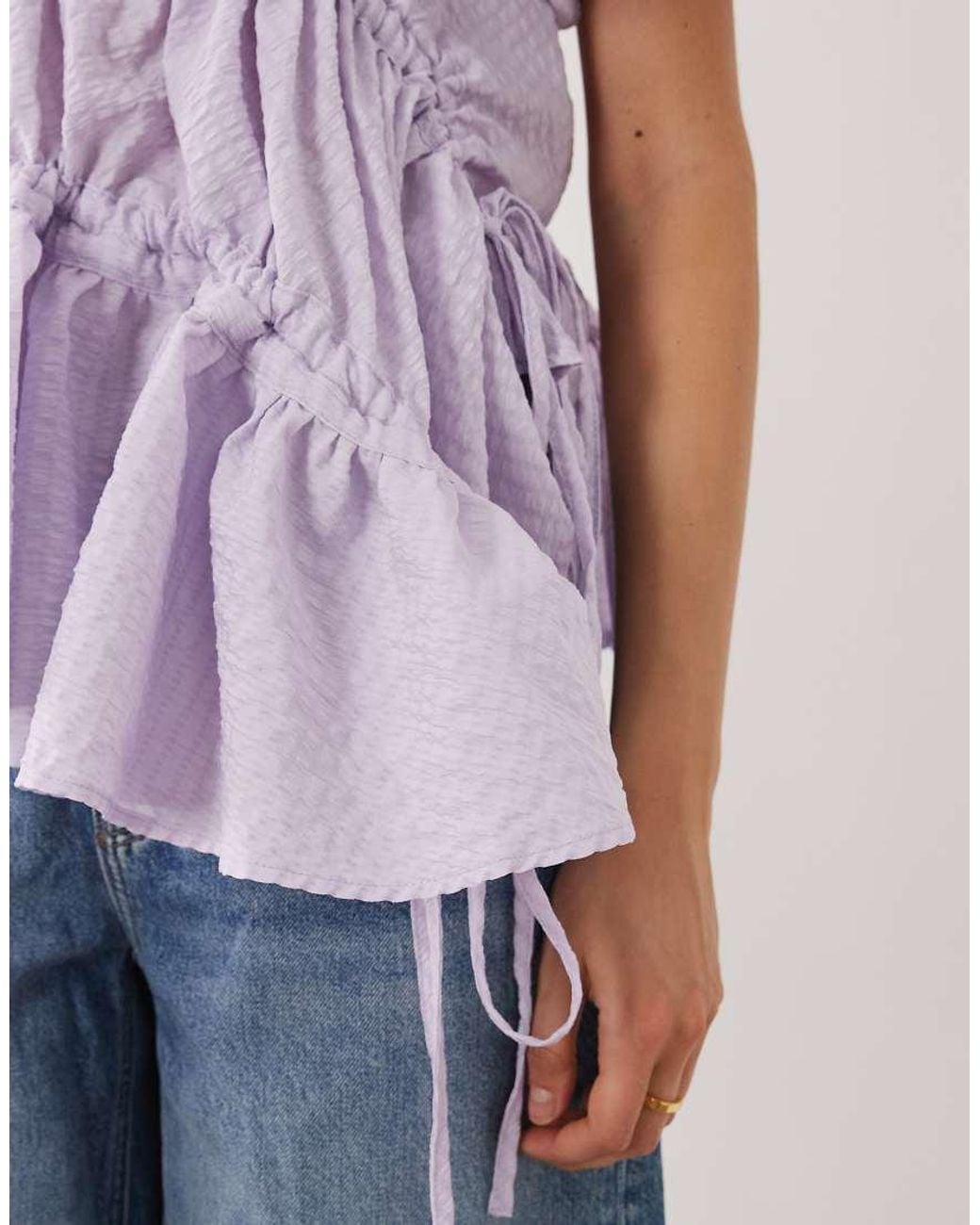 Ghospell Purple Micaela Exclusive Puff Sleeve Ruched Detail Top