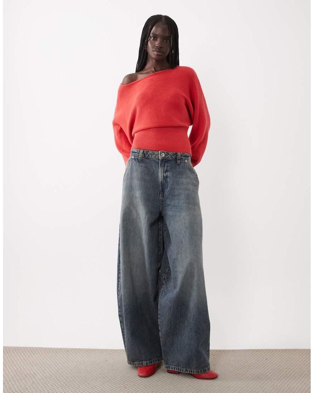ASOS Red Structu Ribbed Nipped Waist Slash Neck Jumper