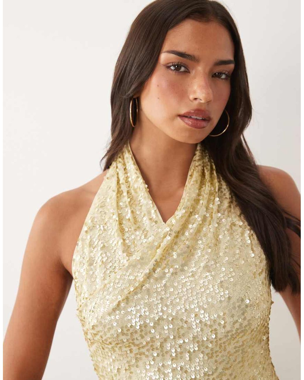 ASOS Natural Sequin Cowl Halter Neck Mini Dress