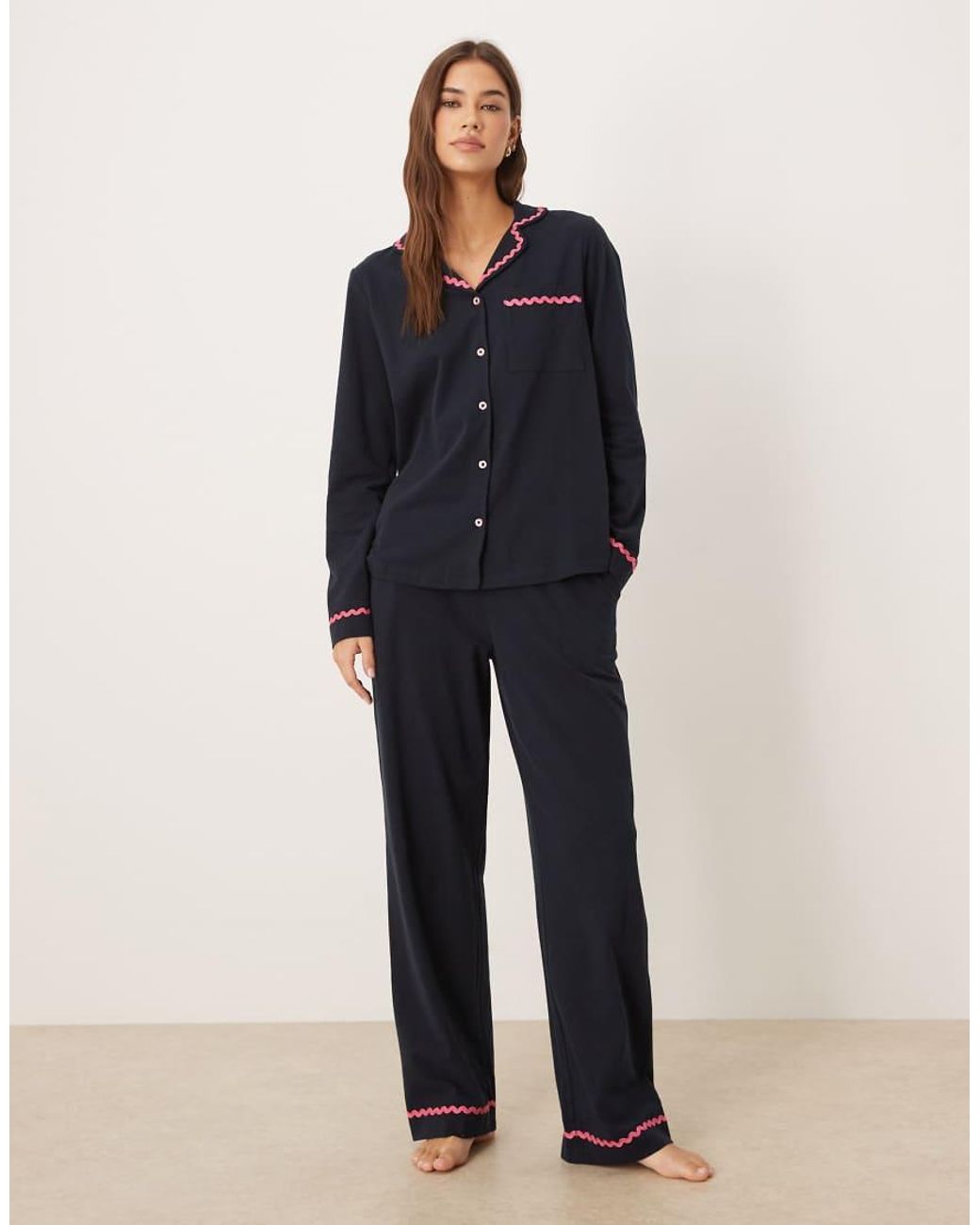 Chelsea Peers Blue Long Button Up Pajama Set With Good Morning Embroidery And Wavy Trim