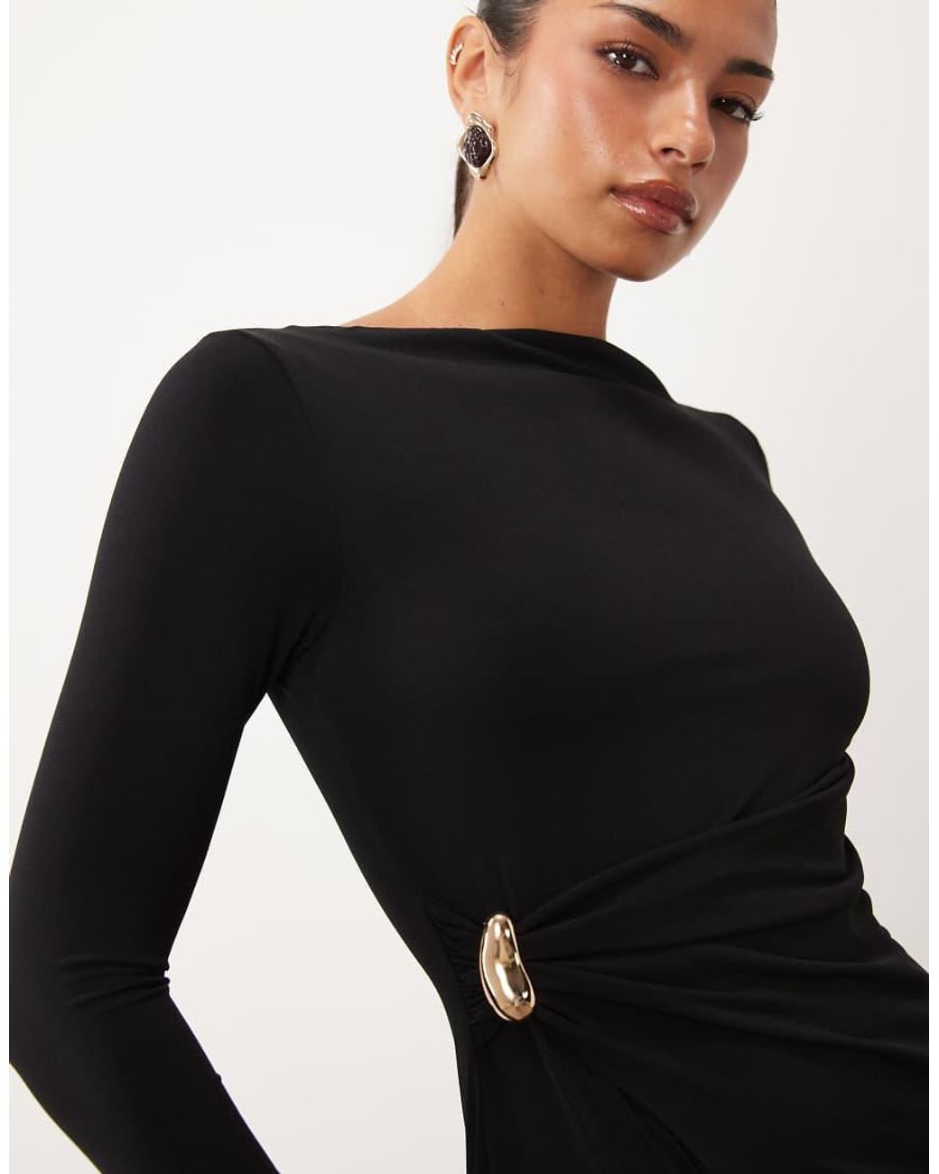 ASOS Black Long Sleeve Twist Hardware Detail Midi Dress