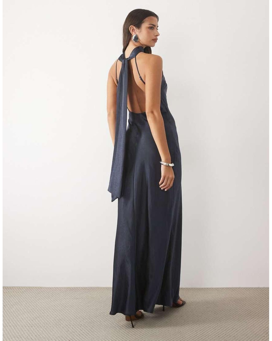 TFNC London Blue Satin High Neck Open Back Scarf Detail Maxi Dress