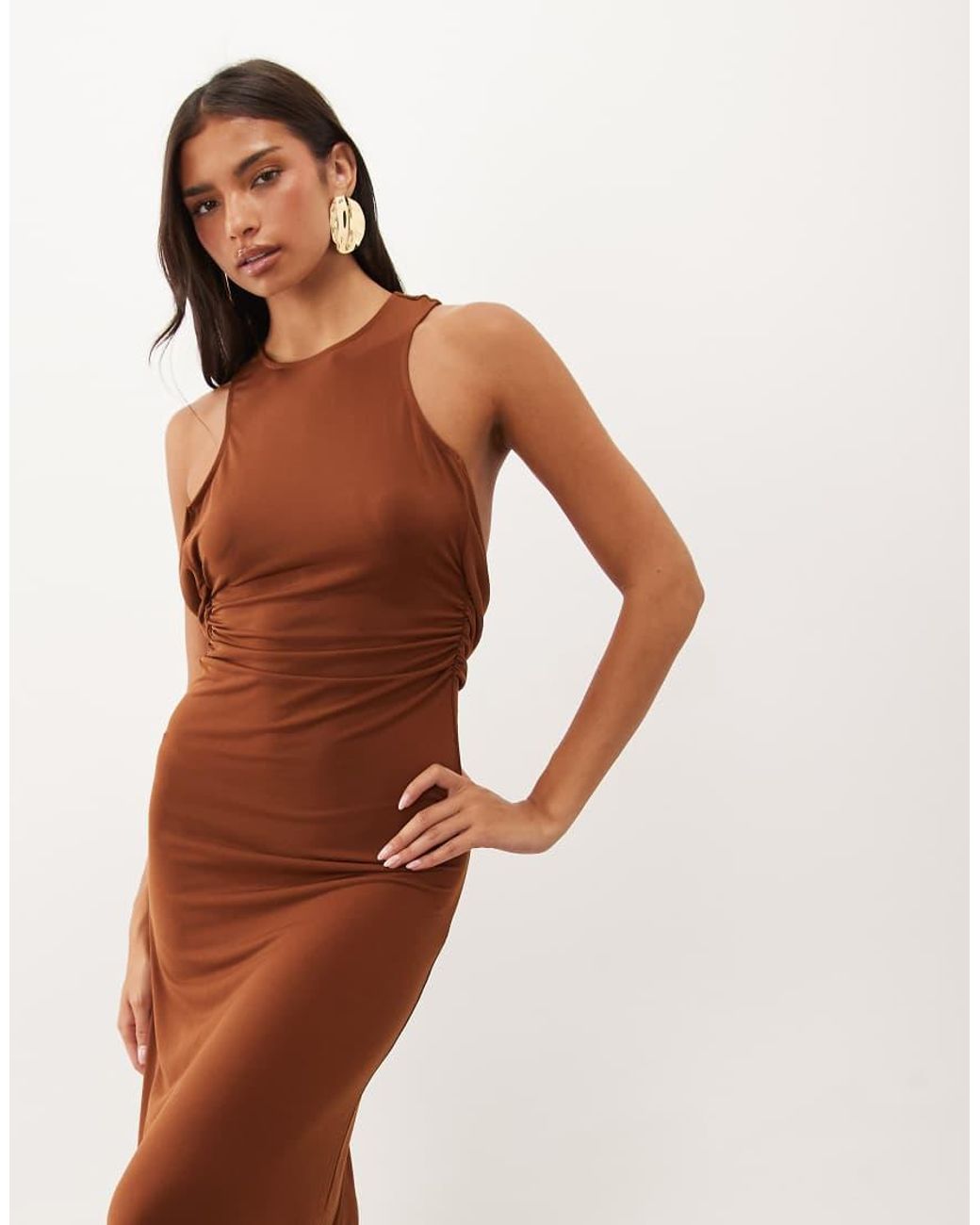 ASOS Brown Column Maxi Dress With Trim Back Detail