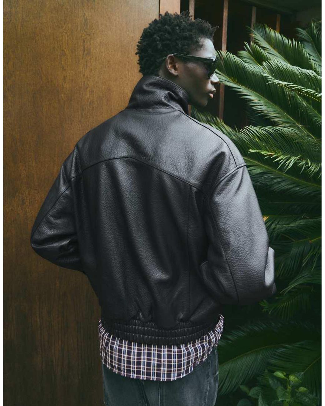Bershka Green Leather Funnel-neck Bomber Jacket for men