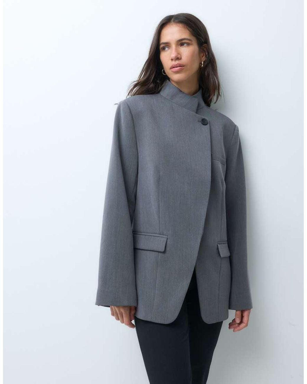 ASOS Gray Tailored High Neck Wrap Front Blazer