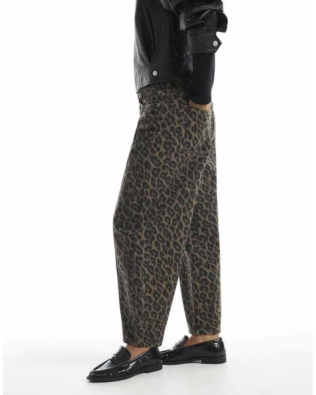 River Island Black Petite Leopard Print Barrel Leg Jeans