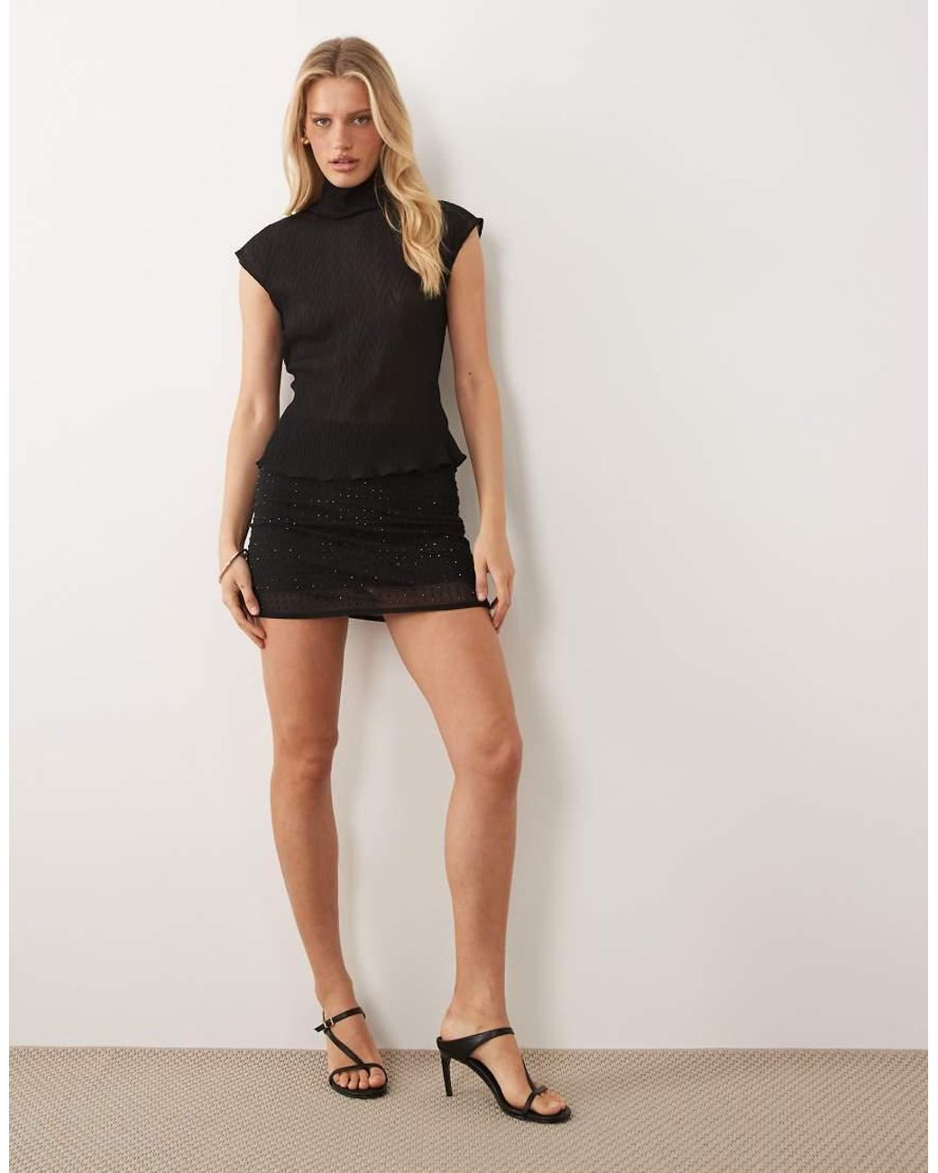ASOS Black Chiffon Plisse Funnel Neck Blouse