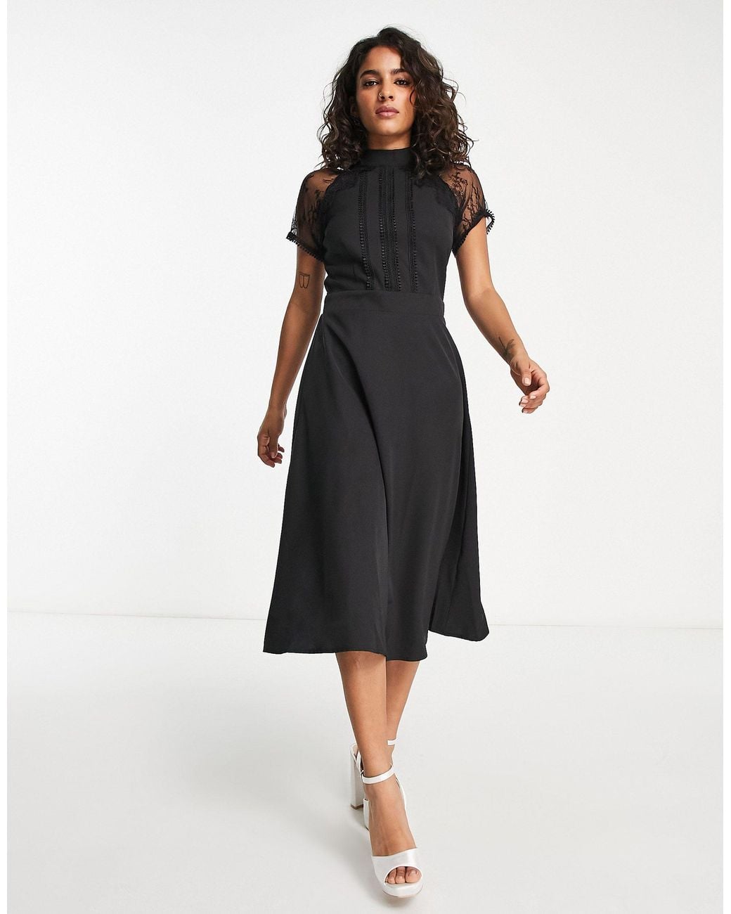 Liquorish A Line Lace Detail Midi Dress in Black | Lyst