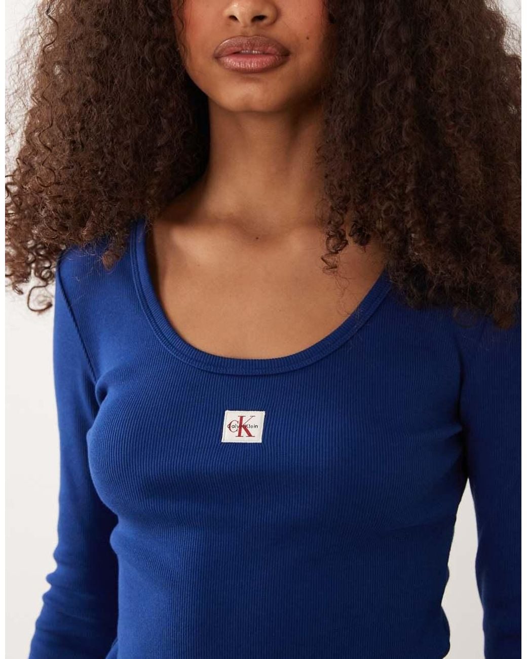 Calvin Klein Blue Long Sleeve Woven Label Rib Scoop Neck Top
