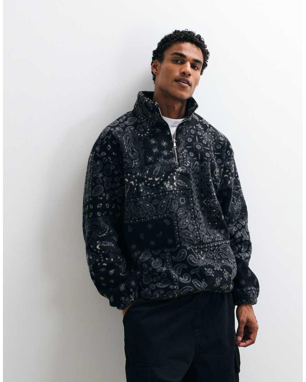 ASOS Blue Oversized Quarter Zip Fleece With Paisley Print for men