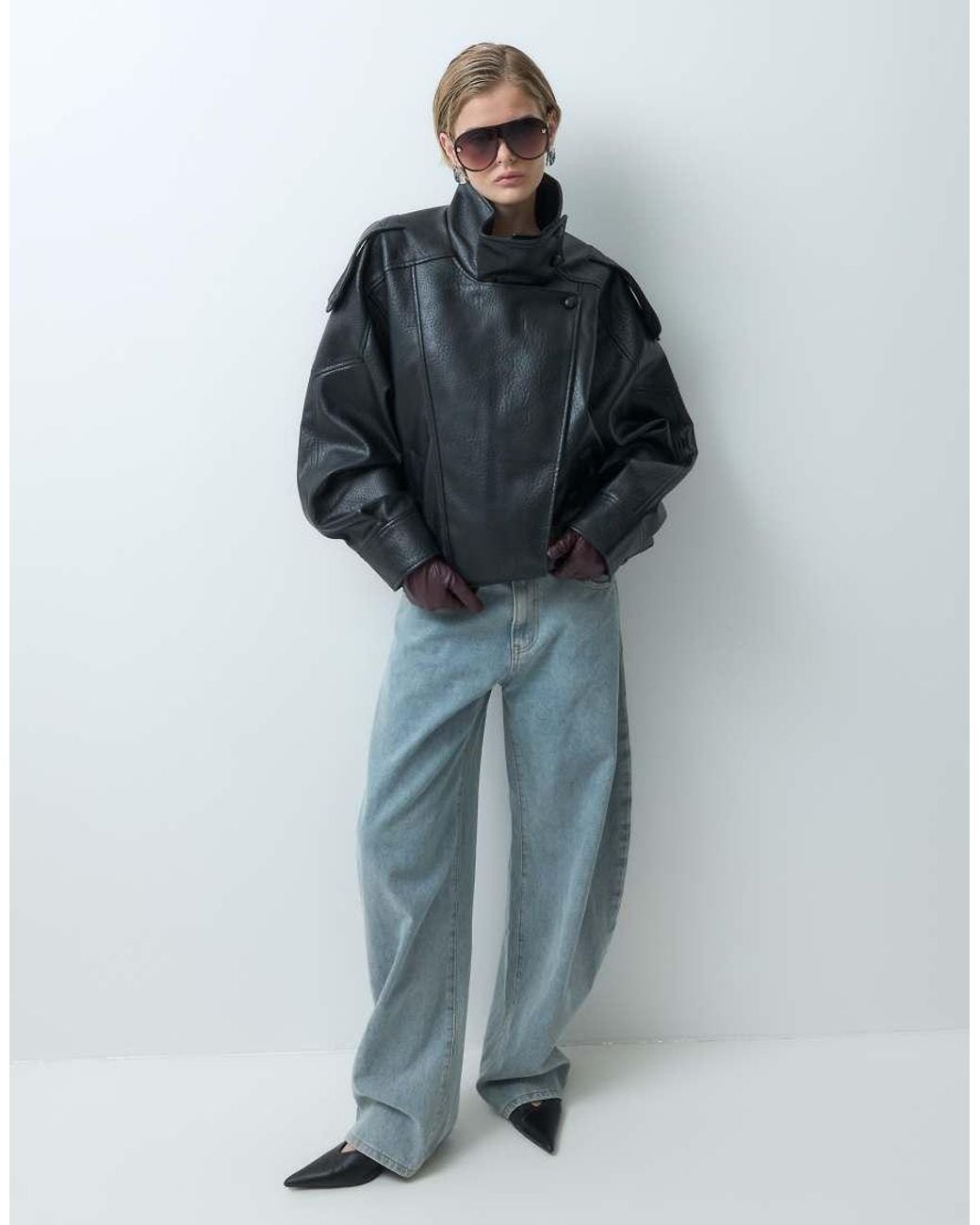 ONLY Gray Funnel Neck Faux Leather Jacket