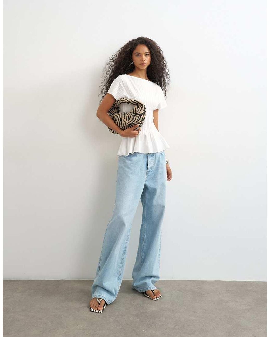 TOPSHOP Blue Knitted Grown On Short Sleeve Peplum Top