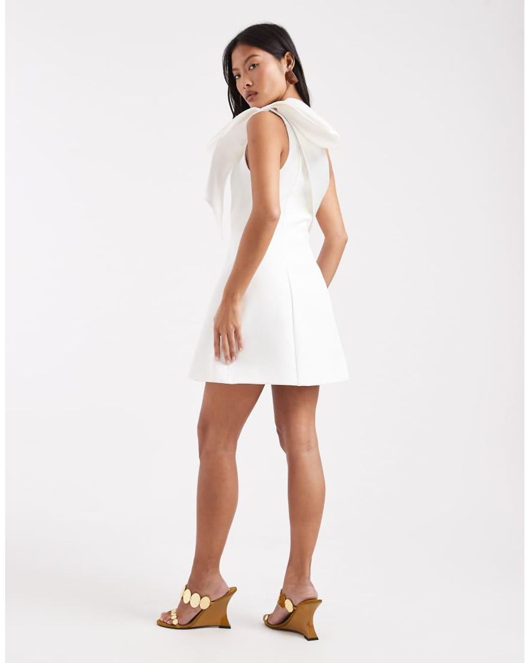 Forever New White Bridal exaggerated One Shoulder Bow Structured Mini Dress