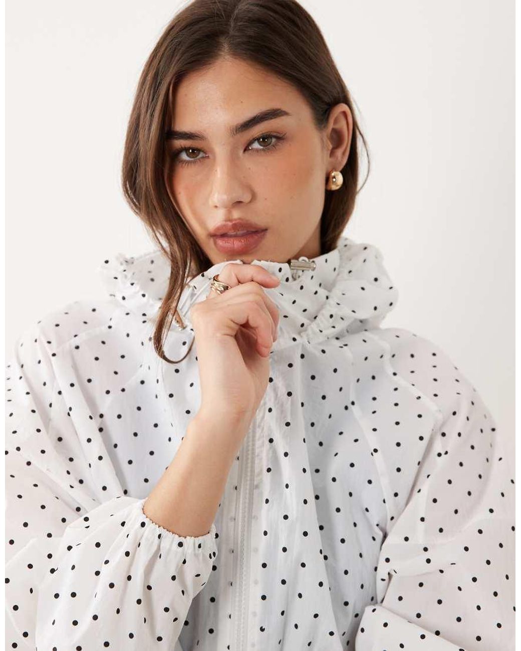Brave Soul White Polka Dot Windbreaker With toggle Detail