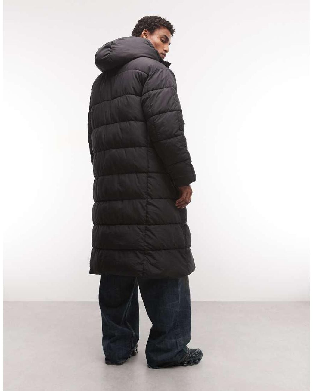 Collusion Black Unisex Longline Hooded Maxi Puffer Coat