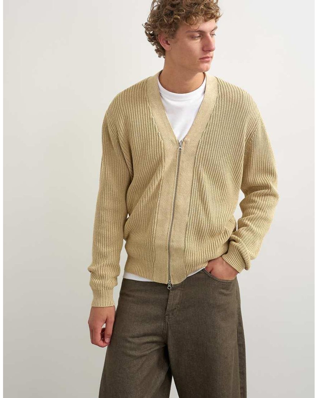 Topman Natural Relaxed Fit Acid Wash Knitted Zip Through Cardigan for men