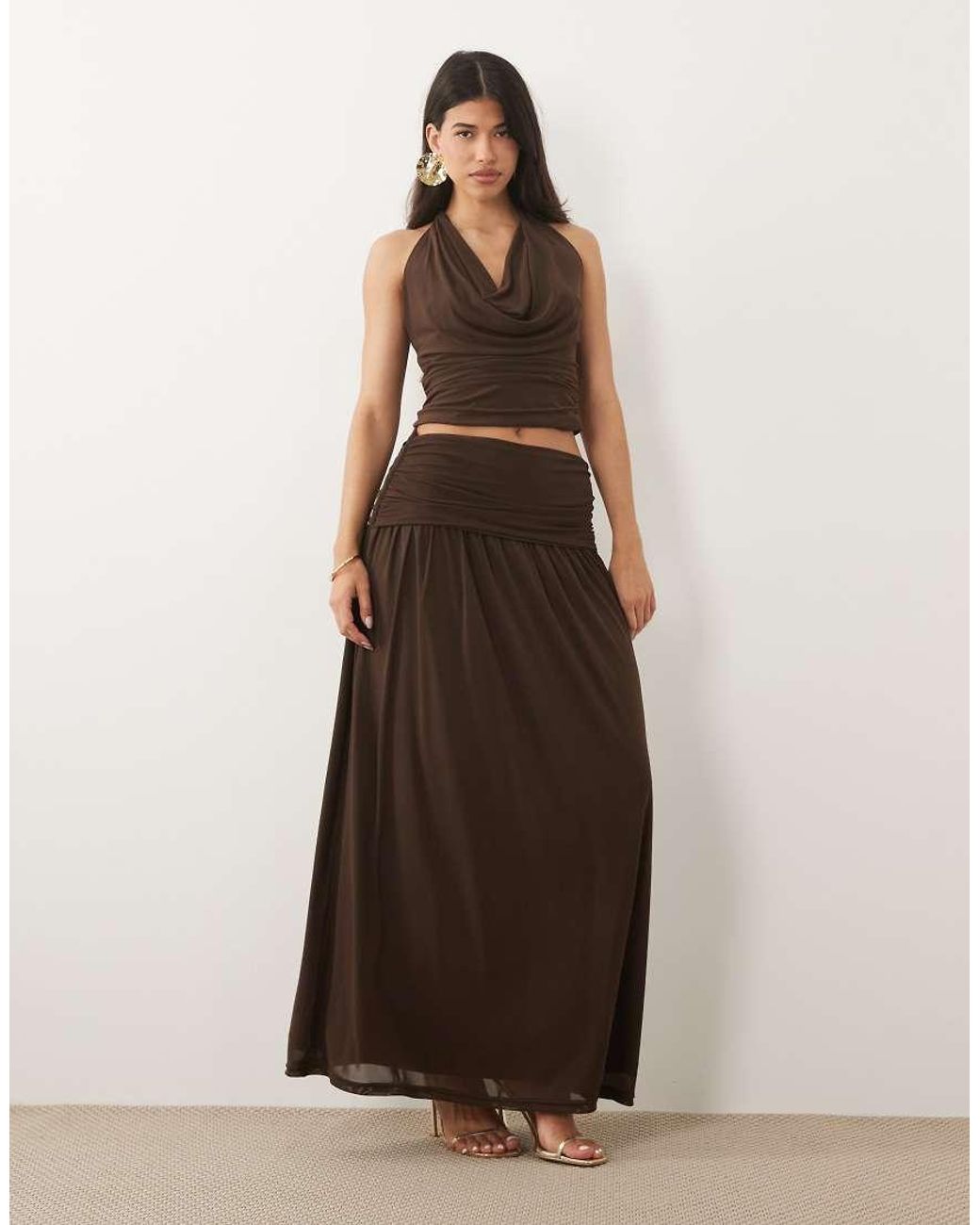 Wanderdoll Brown Jody Triple Mesh Cowl Tie Neck Crop Top Co-ord